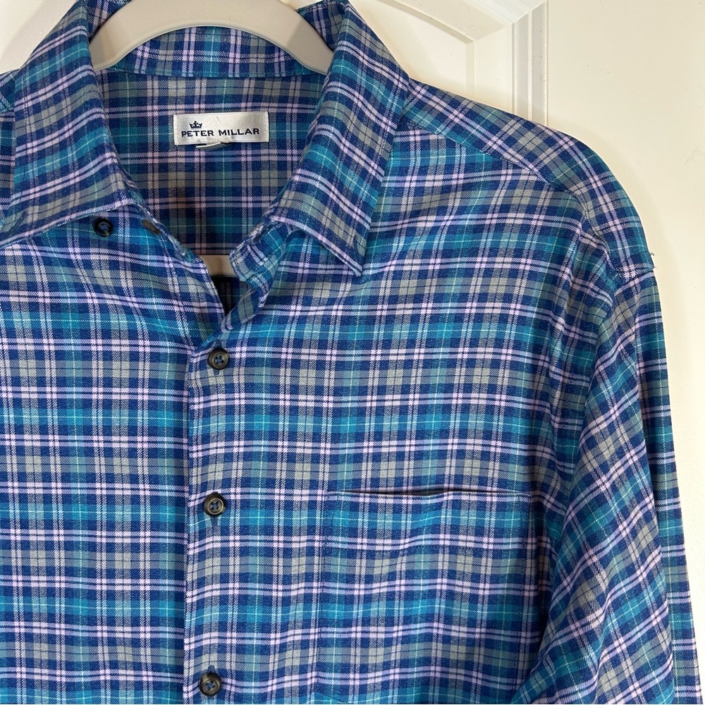 Peter Millar Soft button down Blue Plaid Men's size medium Shirt long sleeve